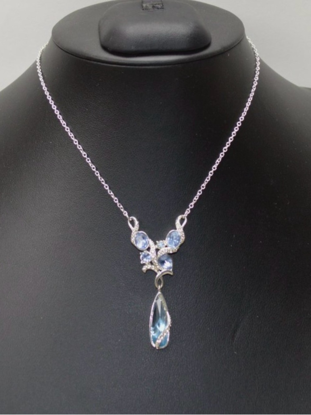 Silver tone Blue Crystal Drop Necklace - Women Jewelry